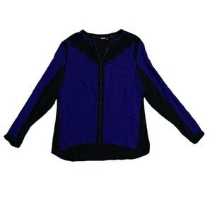 New Elie Tahiti Women's Blue And Black V Neck Long Sleeve Blouse Top Size Medium